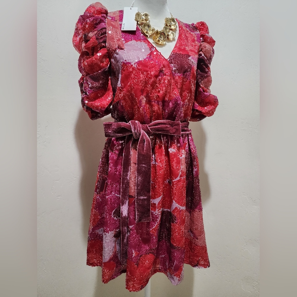 NWT Red Sequins Puff Sleeves Mini Dress